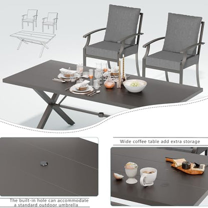 ASJMR 7 Piece Outdoor Dining Set for 6, Metal Patio Table and Chairs with Cushions, Patio Furniture Set with 2 Swivel Chairs, Rectangular Patio Dining Table with Umbrella Hole, Lawn Deck, Yard-Grey