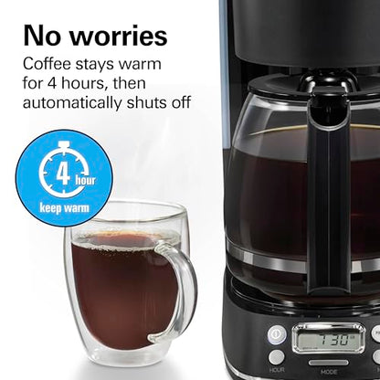Hamilton Beach 12 Cup Programmable Hot & Iced Coffee Maker, Glass Carafe, Auto-Pause and Pour, 4-Hour Auto Shutoff, Black with Chrome Accents (43690J)