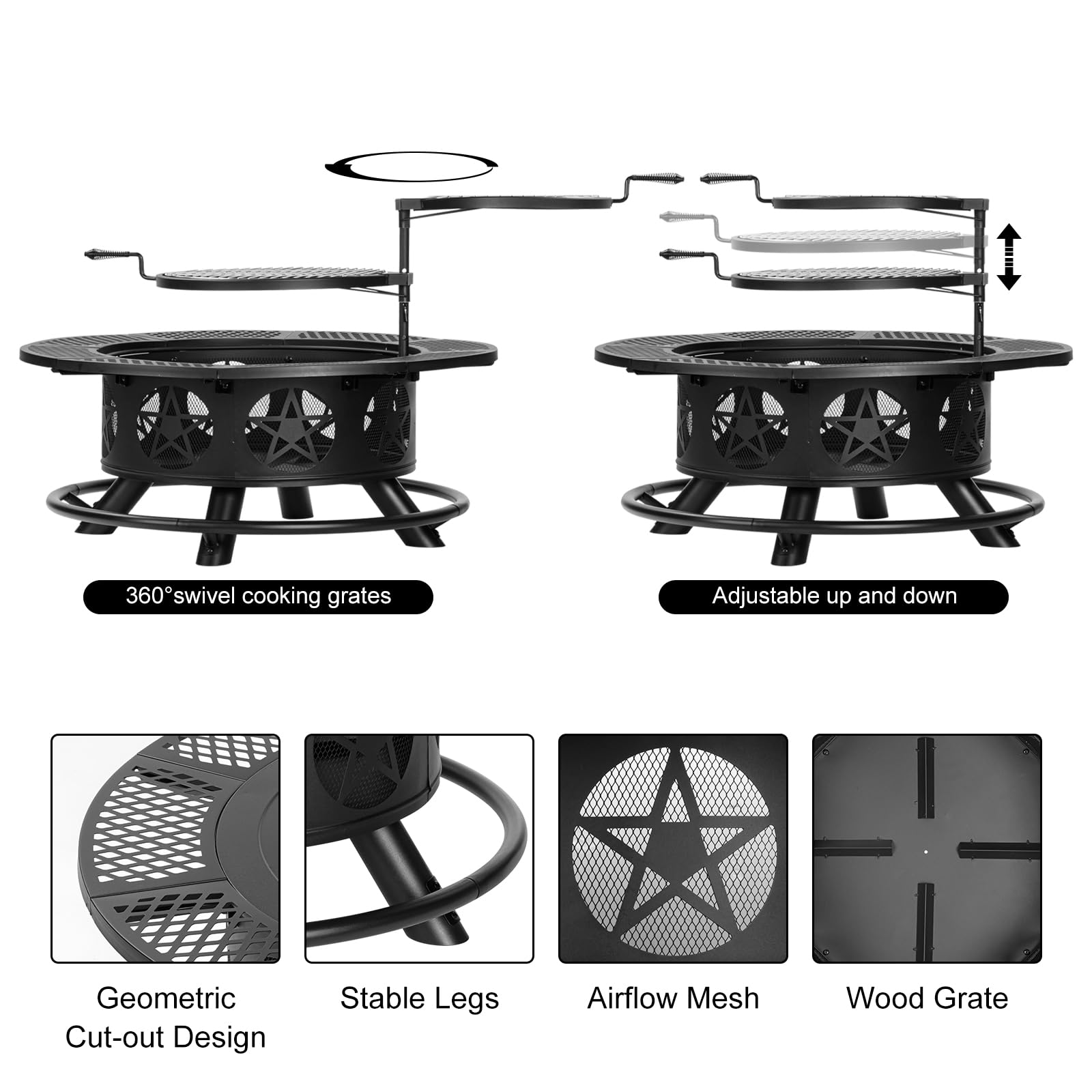 42 Inch Fire Pit with 2 Grills, Extra Large Wood Burning Fire Pits for Outside with Lid & Poker, Heavy Duty Firepit,BBQ& Outdoor Fire Pit & Round Metal Table 3 in 1 for Patio, Picnic, Party - CookCave