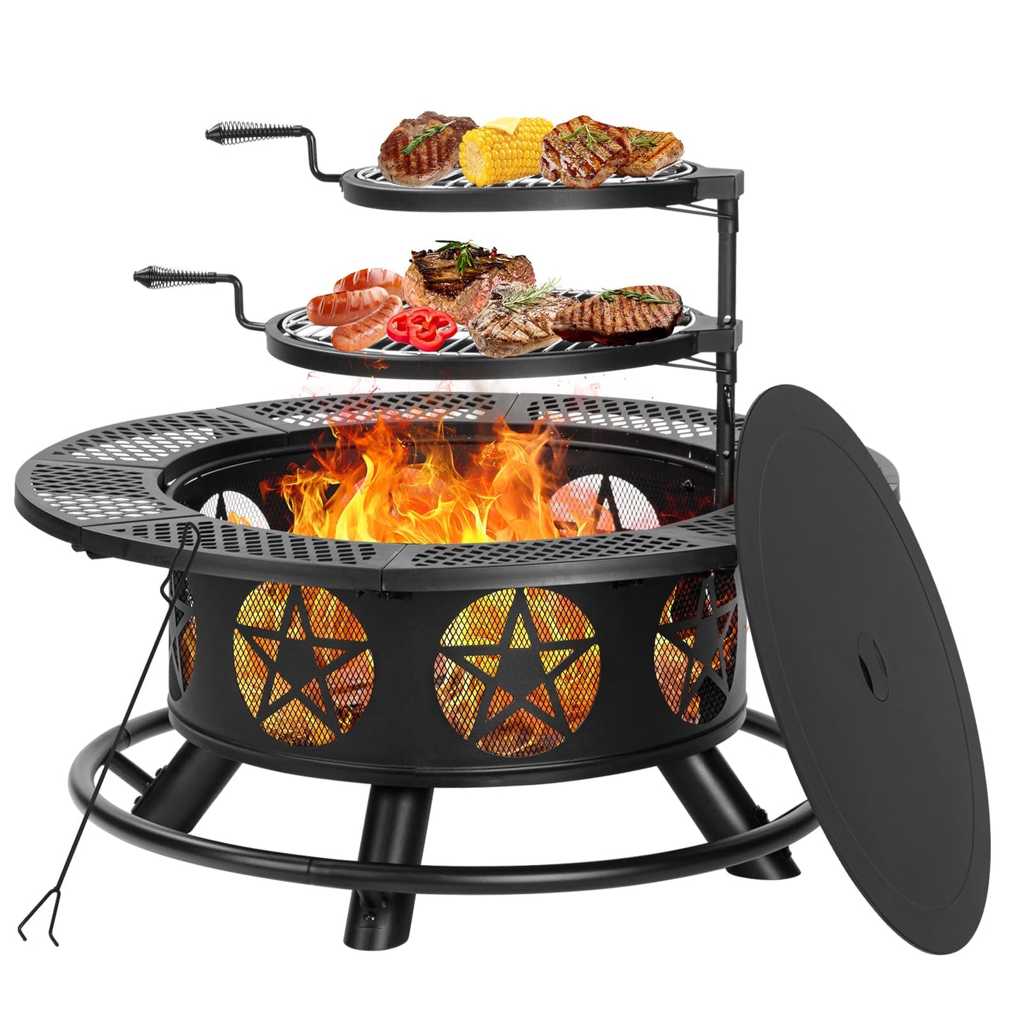 42 Inch Fire Pit with 2 Grills, Extra Large Wood Burning Fire Pits for Outside with Lid & Poker, Heavy Duty Firepit,BBQ& Outdoor Fire Pit & Round Metal Table 3 in 1 for Patio, Picnic, Party - CookCave