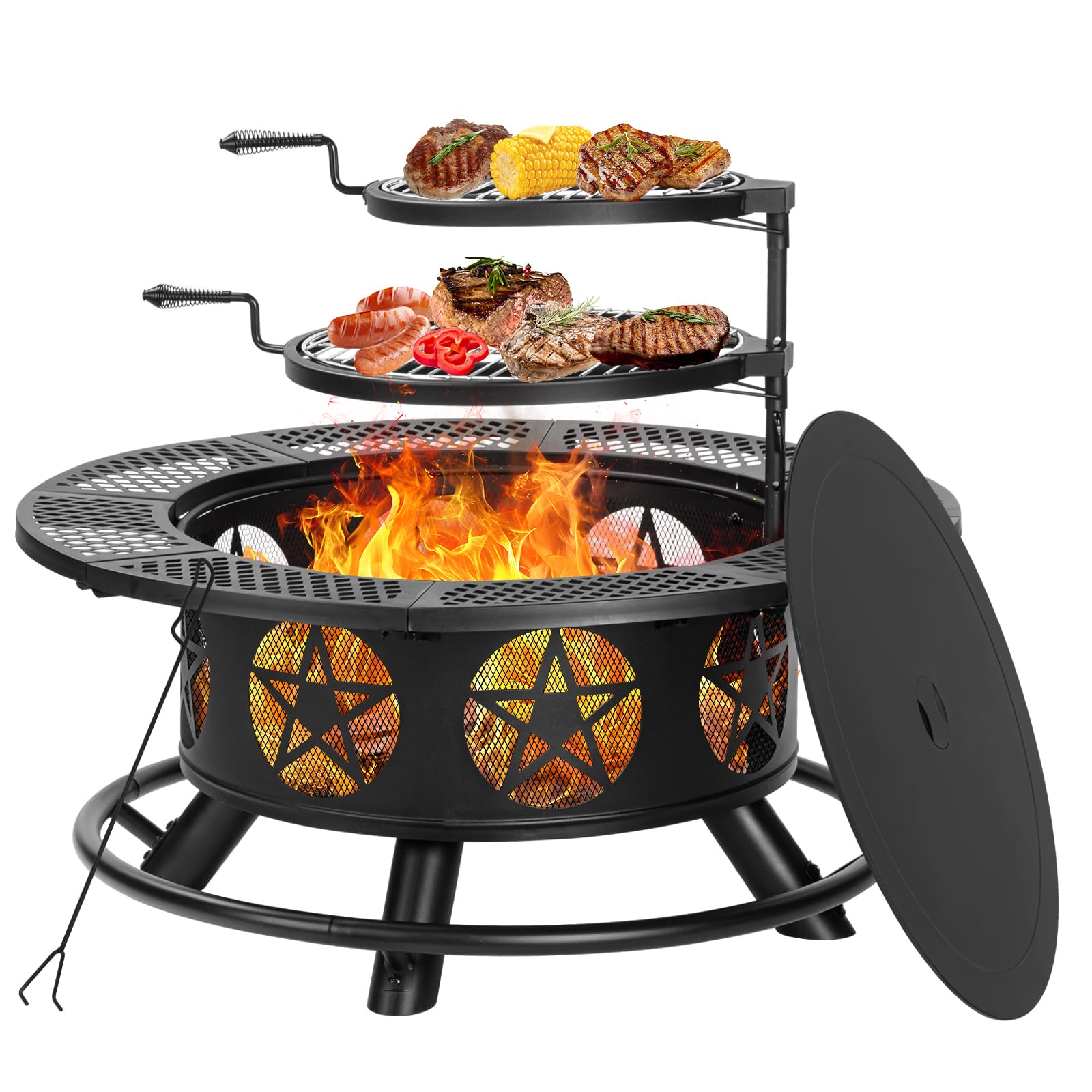 42 Inch Fire Pit with 2 Grills, Extra Large Wood Burning Fire Pits for Outside with Lid & Poker, Heavy Duty Firepit,BBQ& Outdoor Fire Pit & Round Metal Table 3 in 1 for Patio, Picnic, Party - CookCave