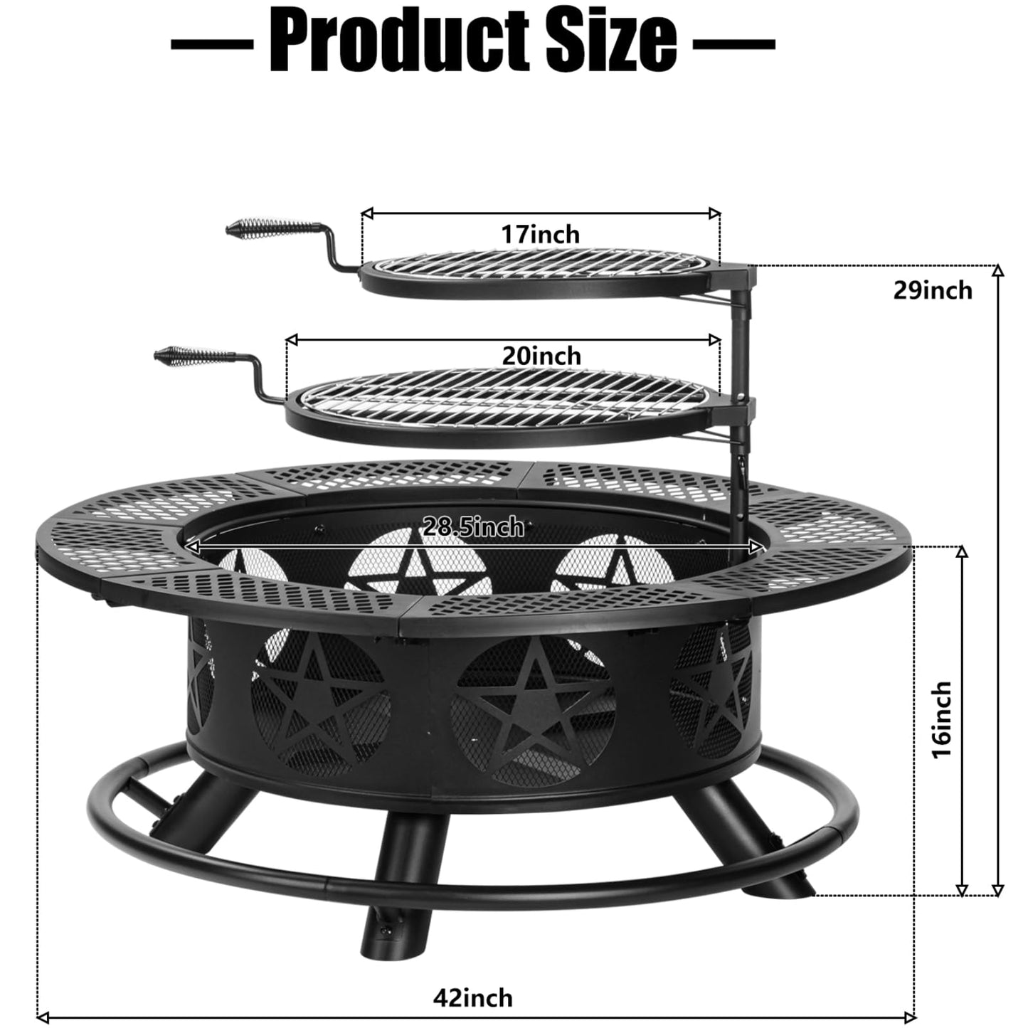 42 Inch Fire Pit with 2 Grills, Extra Large Wood Burning Fire Pits for Outside with Lid & Poker, Heavy Duty Firepit,BBQ& Outdoor Fire Pit & Round Metal Table 3 in 1 for Patio, Picnic, Party - CookCave