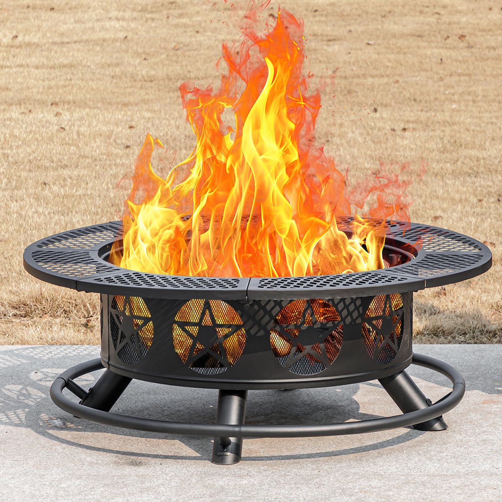 42 Inch Fire Pit with 2 Grills, Extra Large Wood Burning Fire Pits for Outside with Lid & Poker, Heavy Duty Firepit,BBQ& Outdoor Fire Pit & Round Metal Table 3 in 1 for Patio, Picnic, Party - CookCave