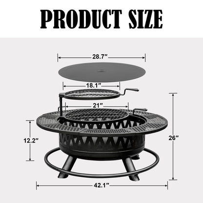 42 Inch Fire Pit with 2 Grills, Large Outdoor Firepits for Outside, Wood Burning Fireplace for Camping,Picnic,Bonfire, 3-in-1 Round Metal Table with Lid for Backyard,Patio,Party - CookCave