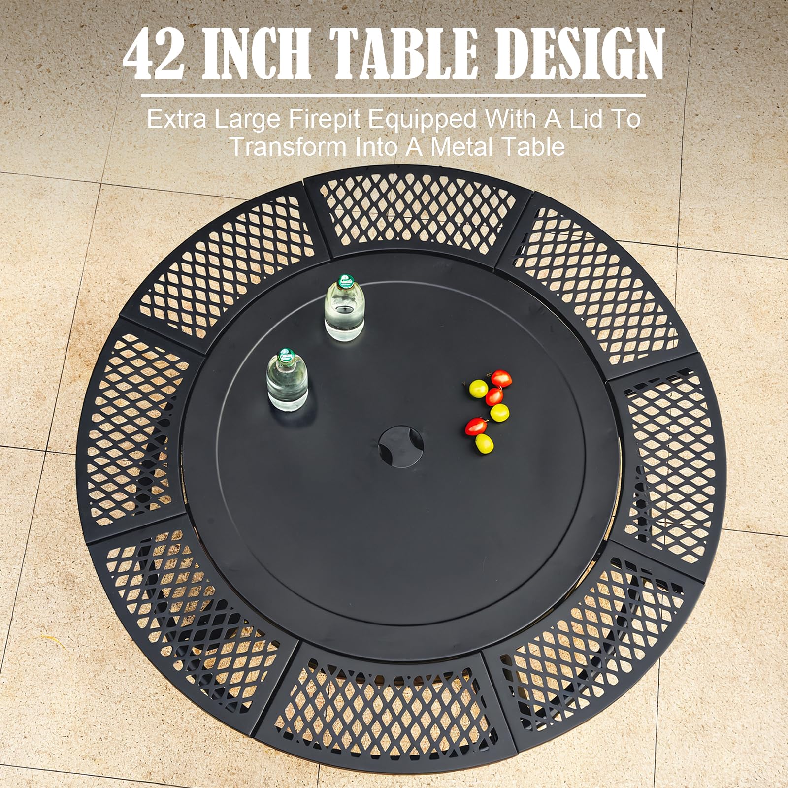 42 Inch Fire Pit with 2 Grills, Large Outdoor Firepits for Outside, Wood Burning Fireplace for Camping,Picnic,Bonfire, 3-in-1 Round Metal Table with Lid for Backyard,Patio,Party - CookCave