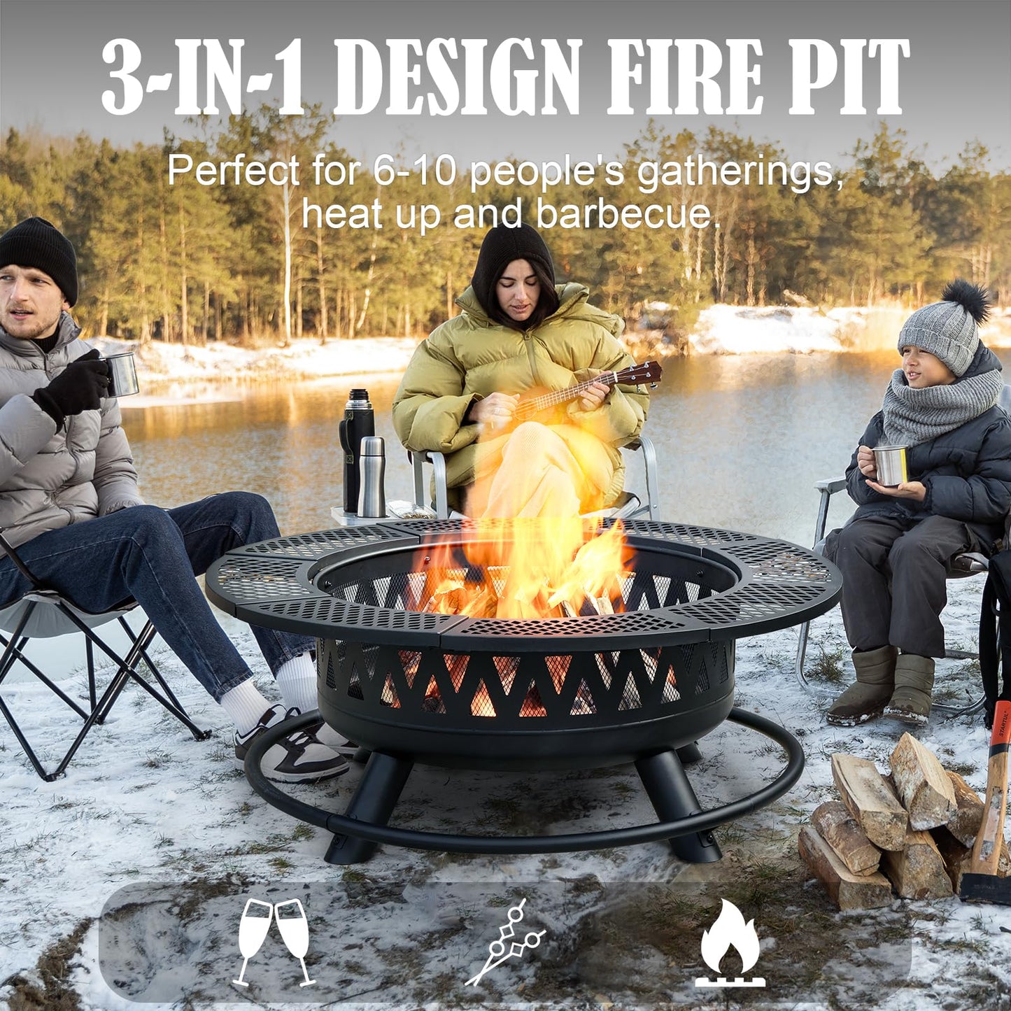 42 Inch Fire Pit with 2 Grills, Large Outdoor Firepits for Outside, Wood Burning Fireplace for Camping,Picnic,Bonfire, 3-in-1 Round Metal Table with Lid for Backyard,Patio,Party - CookCave