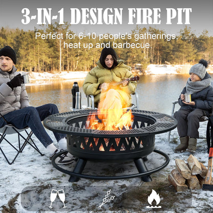 42 Inch Fire Pit with 2 Grills, Large Outdoor Firepits for Outside, Wood Burning Fireplace for Camping,Picnic,Bonfire, 3-in-1 Round Metal Table with Lid for Backyard,Patio,Party - CookCave
