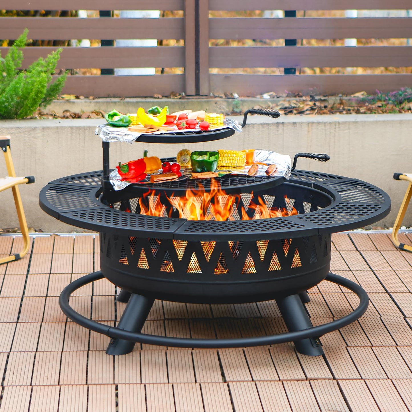 42 Inch Fire Pit with 2 Grills, Large Outdoor Firepits for Outside, Wood Burning Fireplace for Camping,Picnic,Bonfire, 3-in-1 Round Metal Table with Lid for Backyard,Patio,Party - CookCave