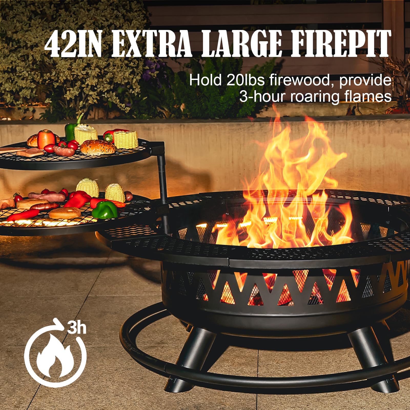 42 Inch Fire Pit with 2 Grills, Large Outdoor Firepits for Outside, Wood Burning Fireplace for Camping,Picnic,Bonfire, 3-in-1 Round Metal Table with Lid for Backyard,Patio,Party - CookCave