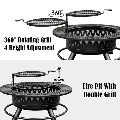 42 Inch Fire Pit with 2 Grills, Large Outdoor Firepits for Outside, Wood Burning Fireplace for Camping,Picnic,Bonfire, 3-in-1 Round Metal Table with Lid for Backyard,Patio,Party - CookCave