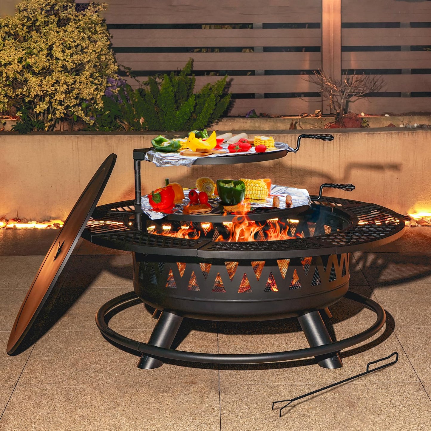 42 Inch Fire Pit with 2 Grills, Large Outdoor Firepits for Outside, Wood Burning Fireplace for Camping,Picnic,Bonfire, 3-in-1 Round Metal Table with Lid for Backyard,Patio,Party - CookCave