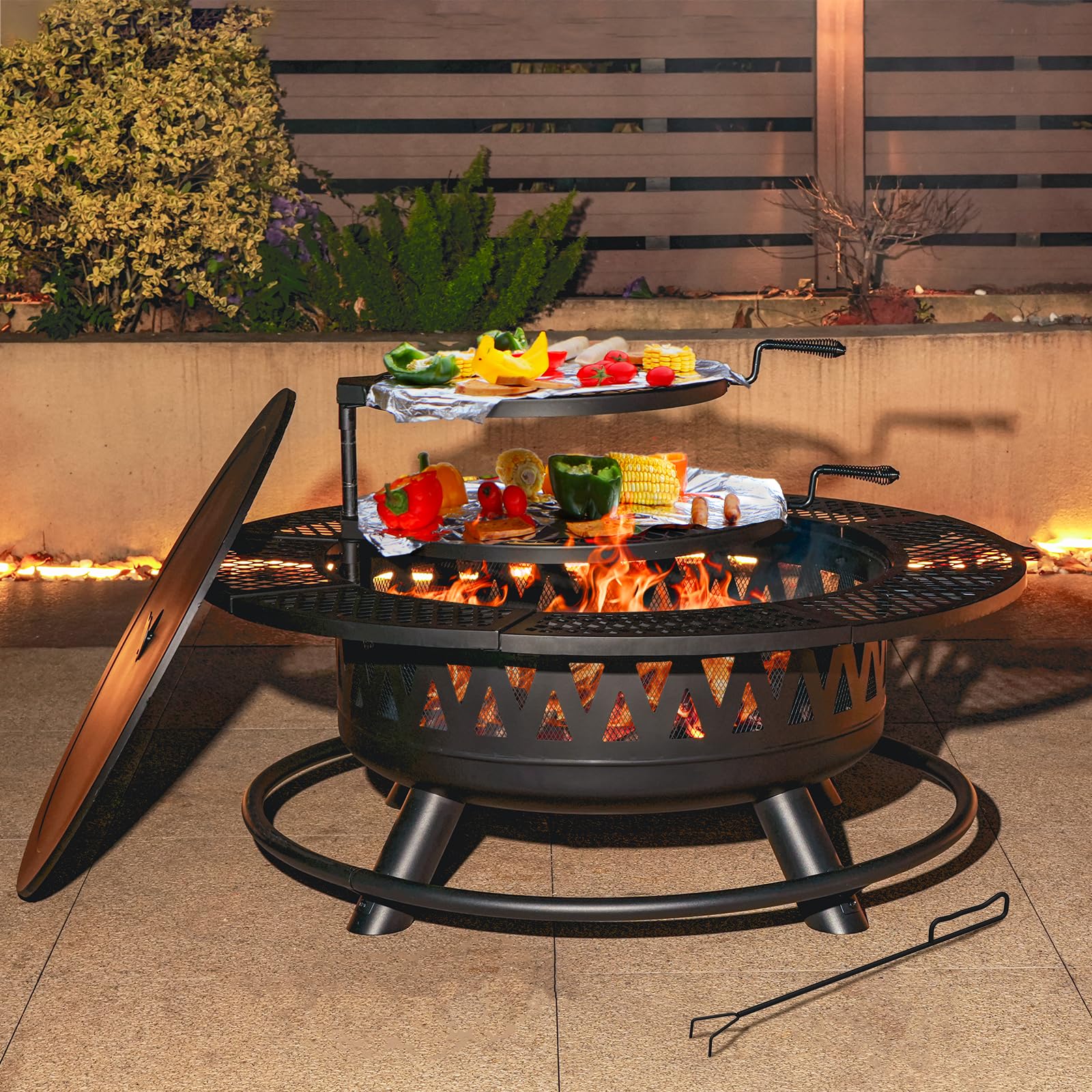 42 Inch Fire Pit with 2 Grills, Large Outdoor Firepits for Outside, Wood Burning Fireplace for Camping,Picnic,Bonfire, 3-in-1 Round Metal Table with Lid for Backyard,Patio,Party - CookCave