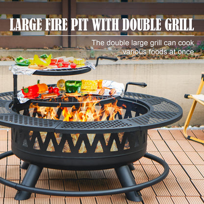 42 Inch Fire Pit with 2 Grills, Large Outdoor Firepits for Outside, Wood Burning Fireplace for Camping,Picnic,Bonfire, 3-in-1 Round Metal Table with Lid for Backyard,Patio,Party - CookCave