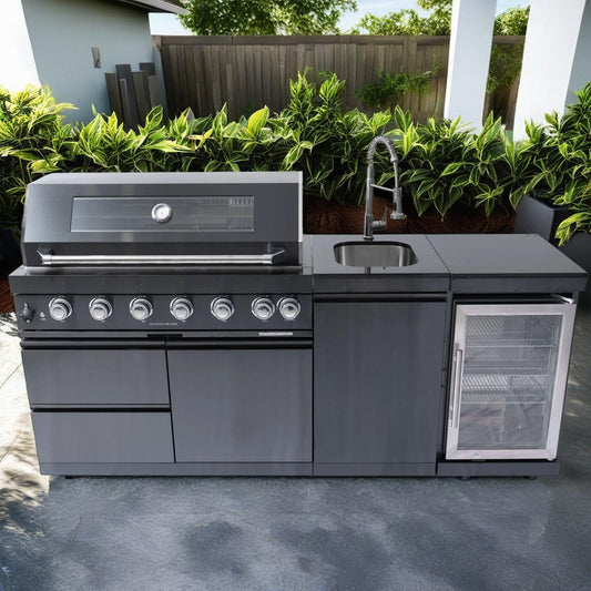 43-Inch 6-Burner 85000 BTU Deluxe Stainless Steel Gas BBQ Island Outdoor Kitchen with Wine Cooler, Rotisserie Kit, Granite Countertops & Stainless Steel Sink - Modular Outdoor Kitchen - CookCave