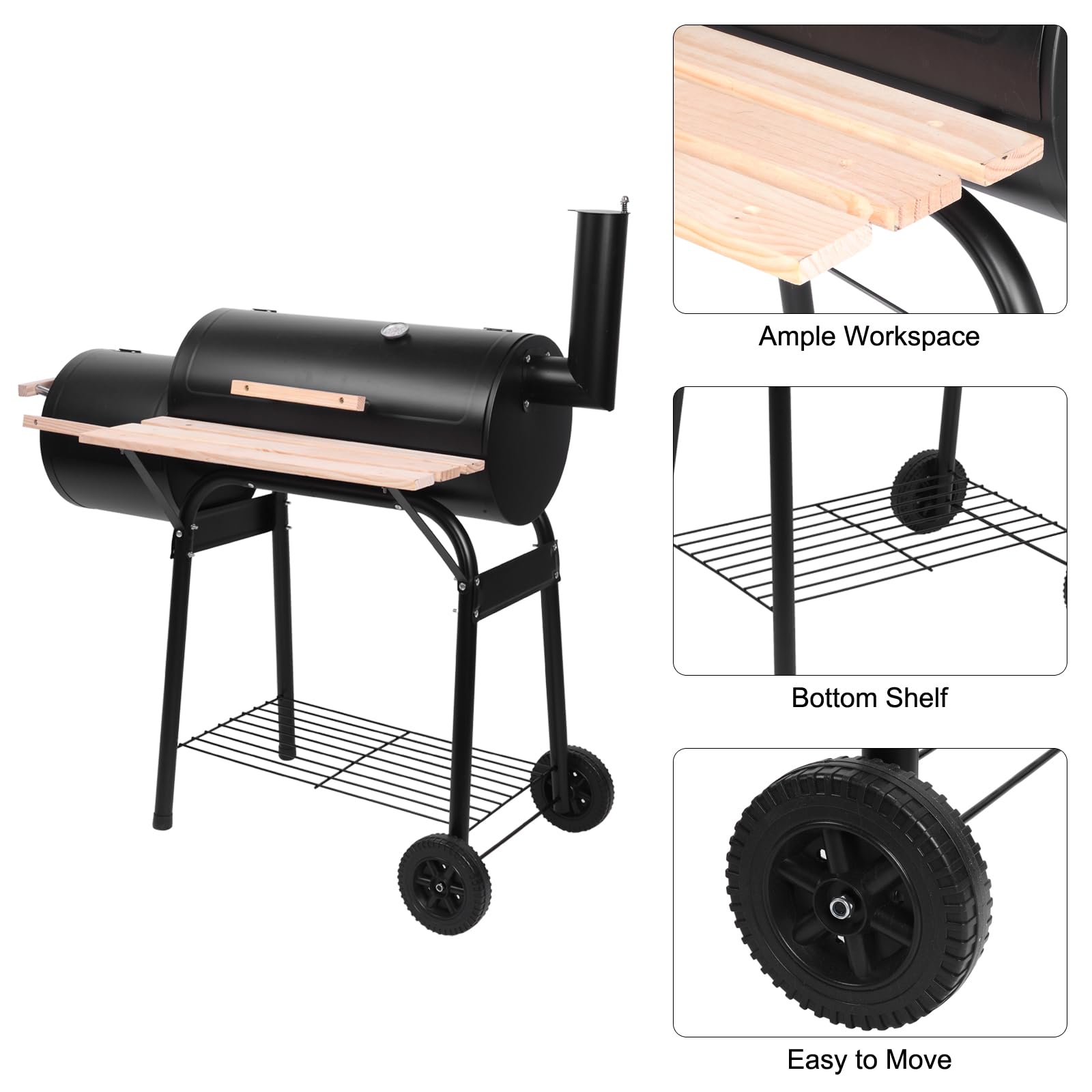 44.1'' Charcoal Grill with Offset Smoker, Portable BBQ Grill with Built-in Thermometer, Adjustable Damper, Wooden Shelf, Easy to Clean for Camping, Backyard, BBQ - CookCave