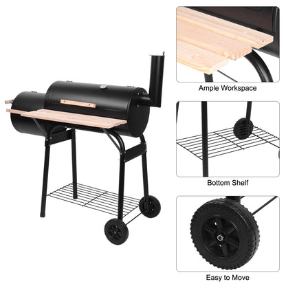 44.1'' Charcoal Grill with Offset Smoker, Portable BBQ Grill with Built-in Thermometer, Adjustable Damper, Wooden Shelf, Easy to Clean for Camping, Backyard, BBQ - CookCave