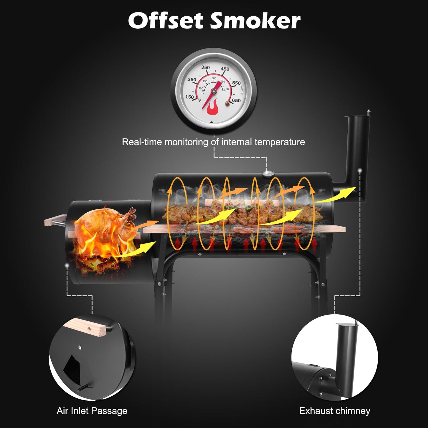 44.1'' Charcoal Grill with Offset Smoker, Portable BBQ Grill with Built-in Thermometer, Adjustable Damper, Wooden Shelf, Easy to Clean for Camping, Backyard, BBQ - CookCave