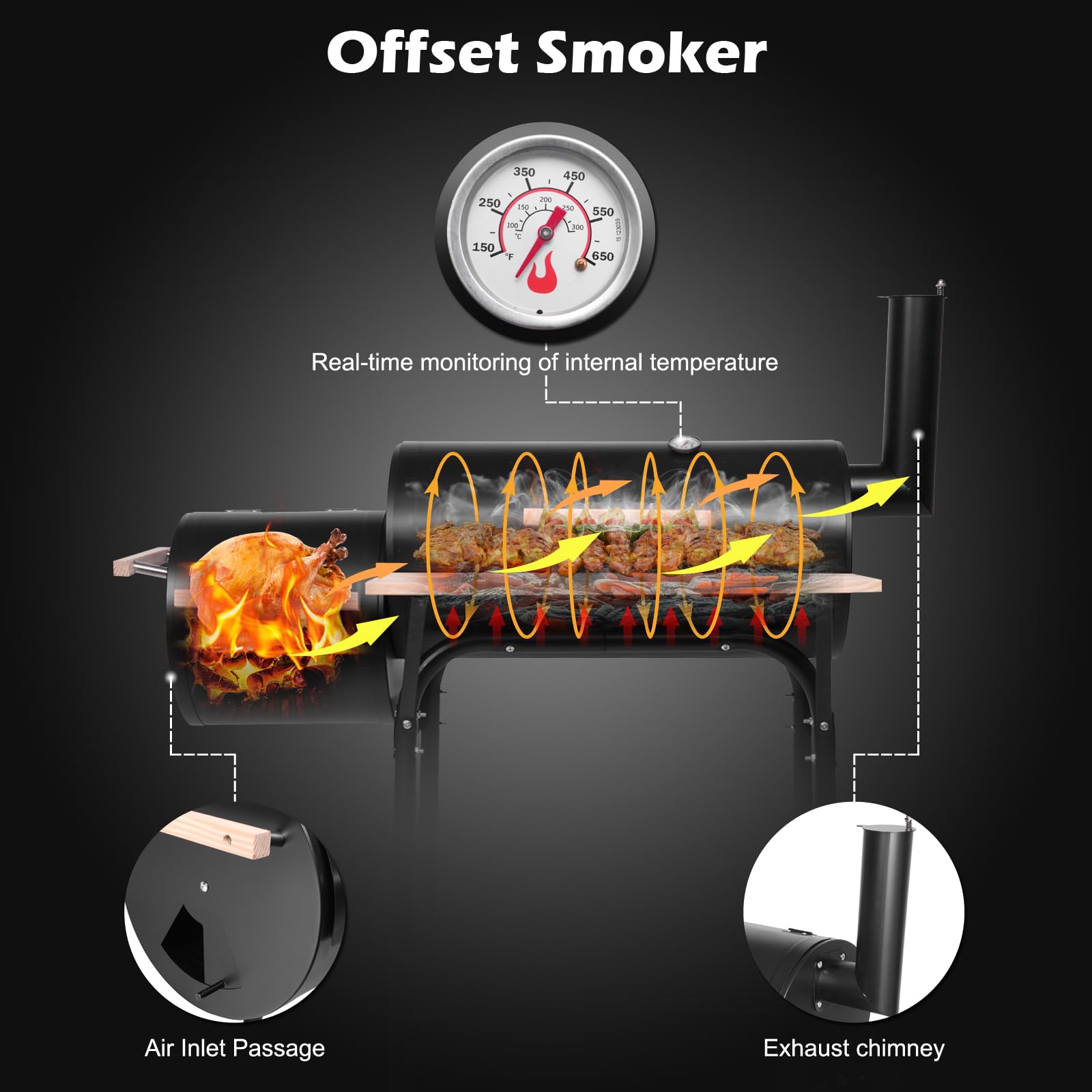 44.1'' Charcoal Grill with Offset Smoker, Portable BBQ Grill with Built-in Thermometer, Adjustable Damper, Wooden Shelf, Easy to Clean for Camping, Backyard, BBQ - CookCave