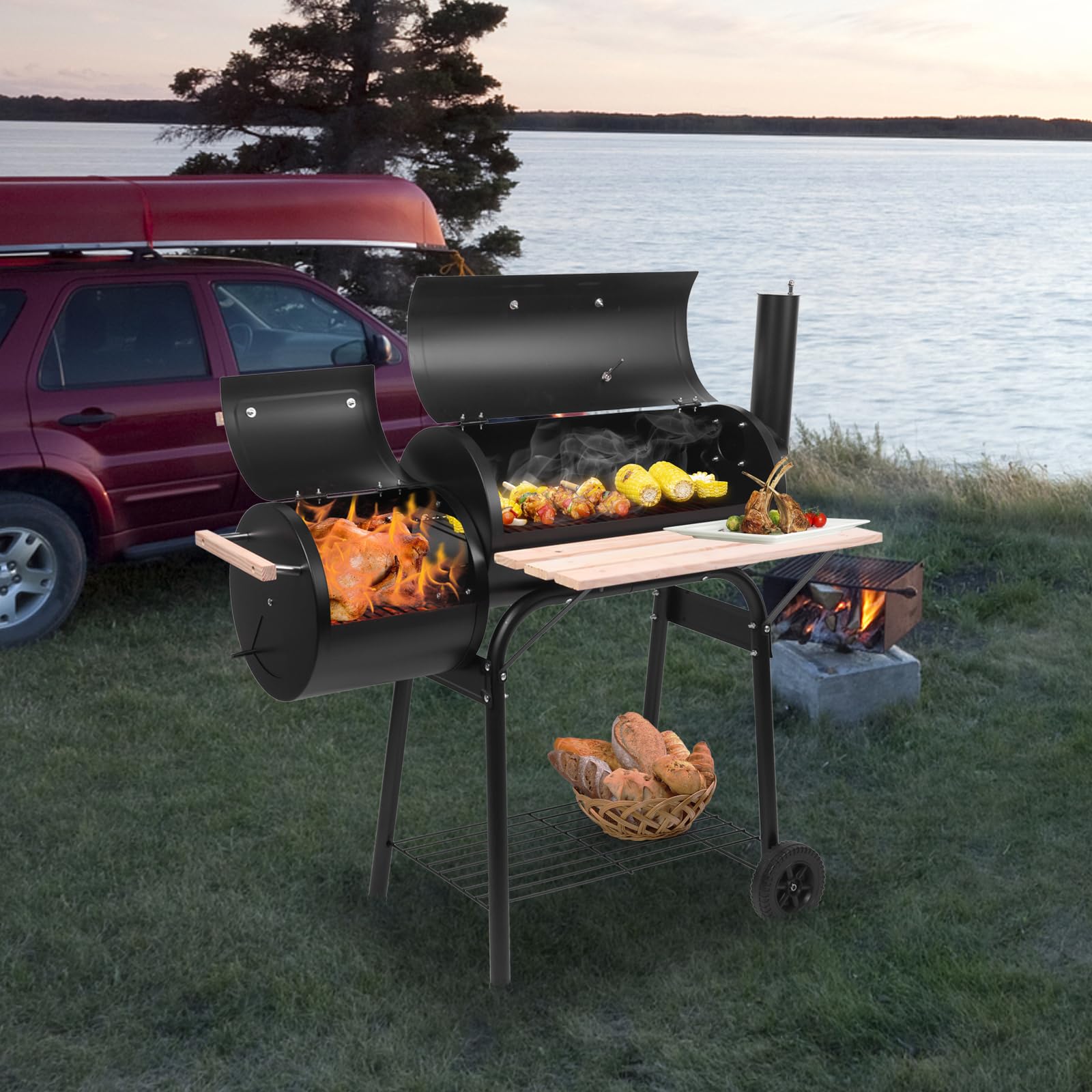 44.1'' Charcoal Grill with Offset Smoker, Portable BBQ Grill with Built-in Thermometer, Adjustable Damper, Wooden Shelf, Easy to Clean for Camping, Backyard, BBQ - CookCave