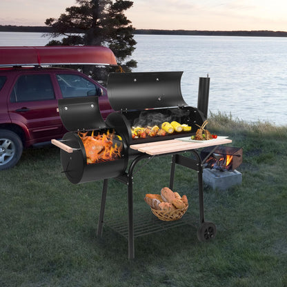 44.1'' Charcoal Grill with Offset Smoker, Portable BBQ Grill with Built-in Thermometer, Adjustable Damper, Wooden Shelf, Easy to Clean for Camping, Backyard, BBQ - CookCave