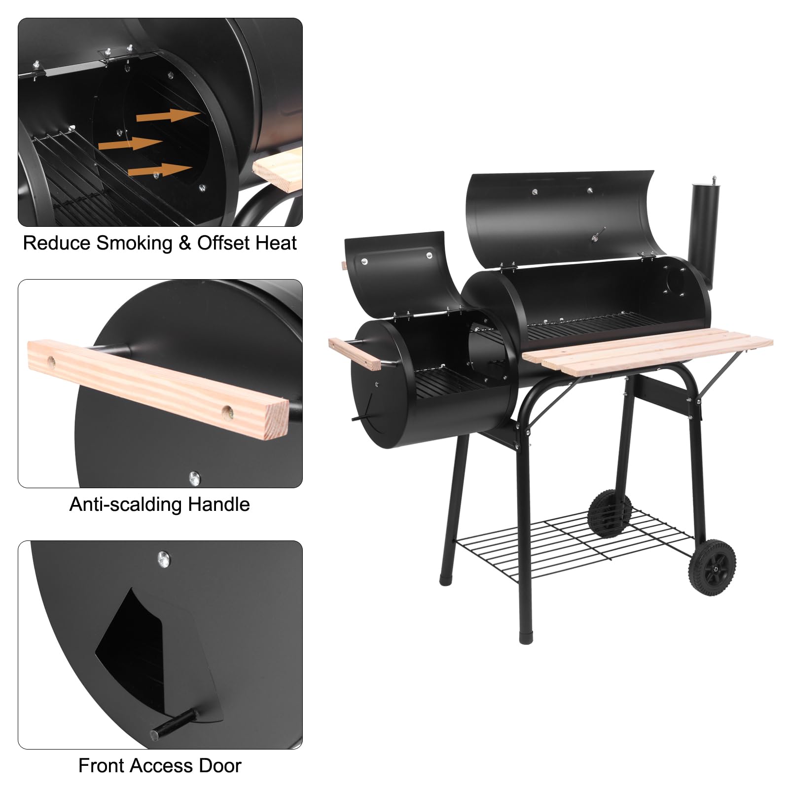 44.1'' Charcoal Grill with Offset Smoker, Portable BBQ Grill with Built-in Thermometer, Adjustable Damper, Wooden Shelf, Easy to Clean for Camping, Backyard, BBQ - CookCave