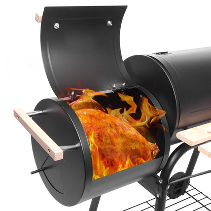 44.1'' Charcoal Grill with Offset Smoker, Portable BBQ Grill with Built-in Thermometer, Adjustable Damper, Wooden Shelf, Easy to Clean for Camping, Backyard, BBQ - CookCave