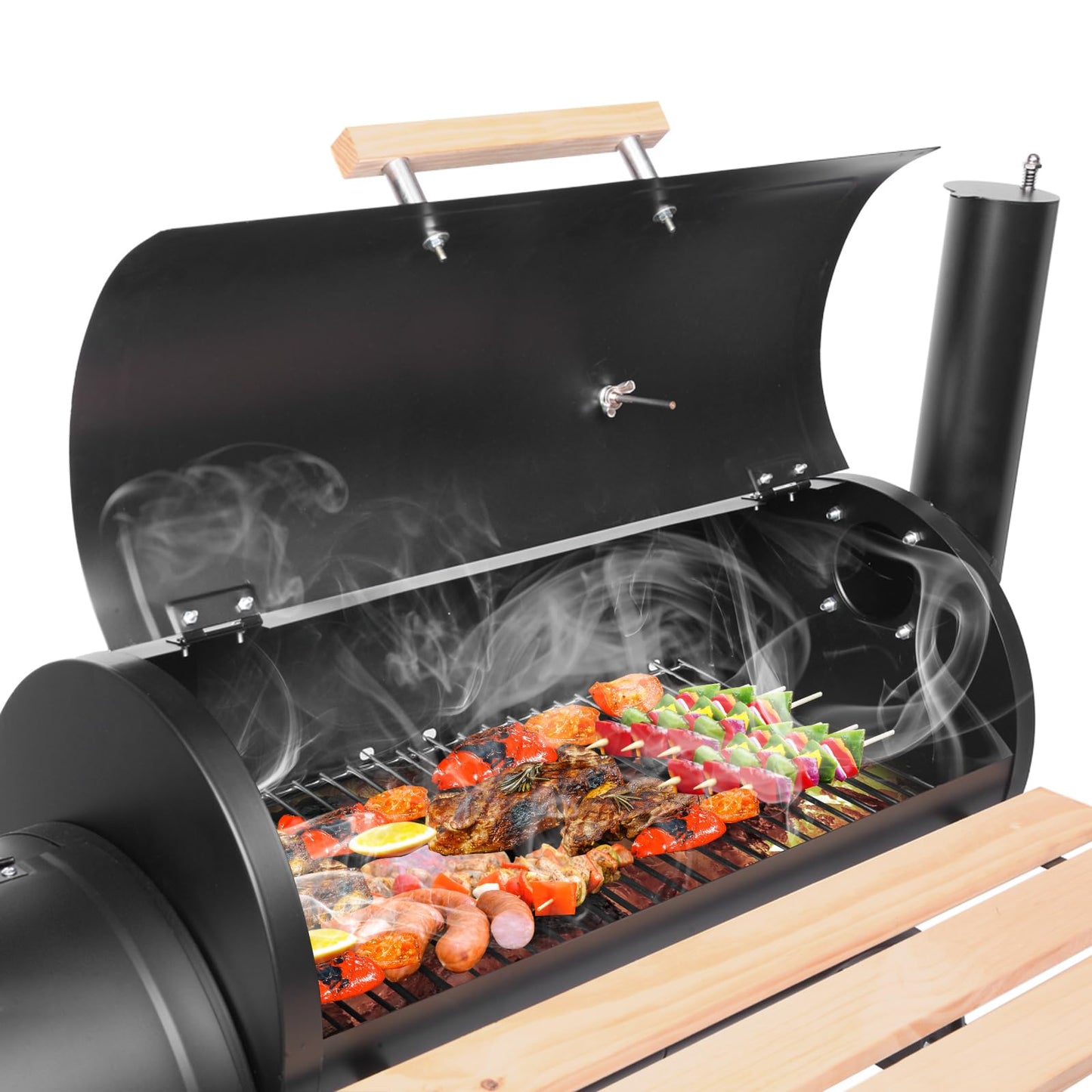 44.1'' Charcoal Grill with Offset Smoker, Portable BBQ Grill with Built-in Thermometer, Adjustable Damper, Wooden Shelf, Easy to Clean for Camping, Backyard, BBQ - CookCave