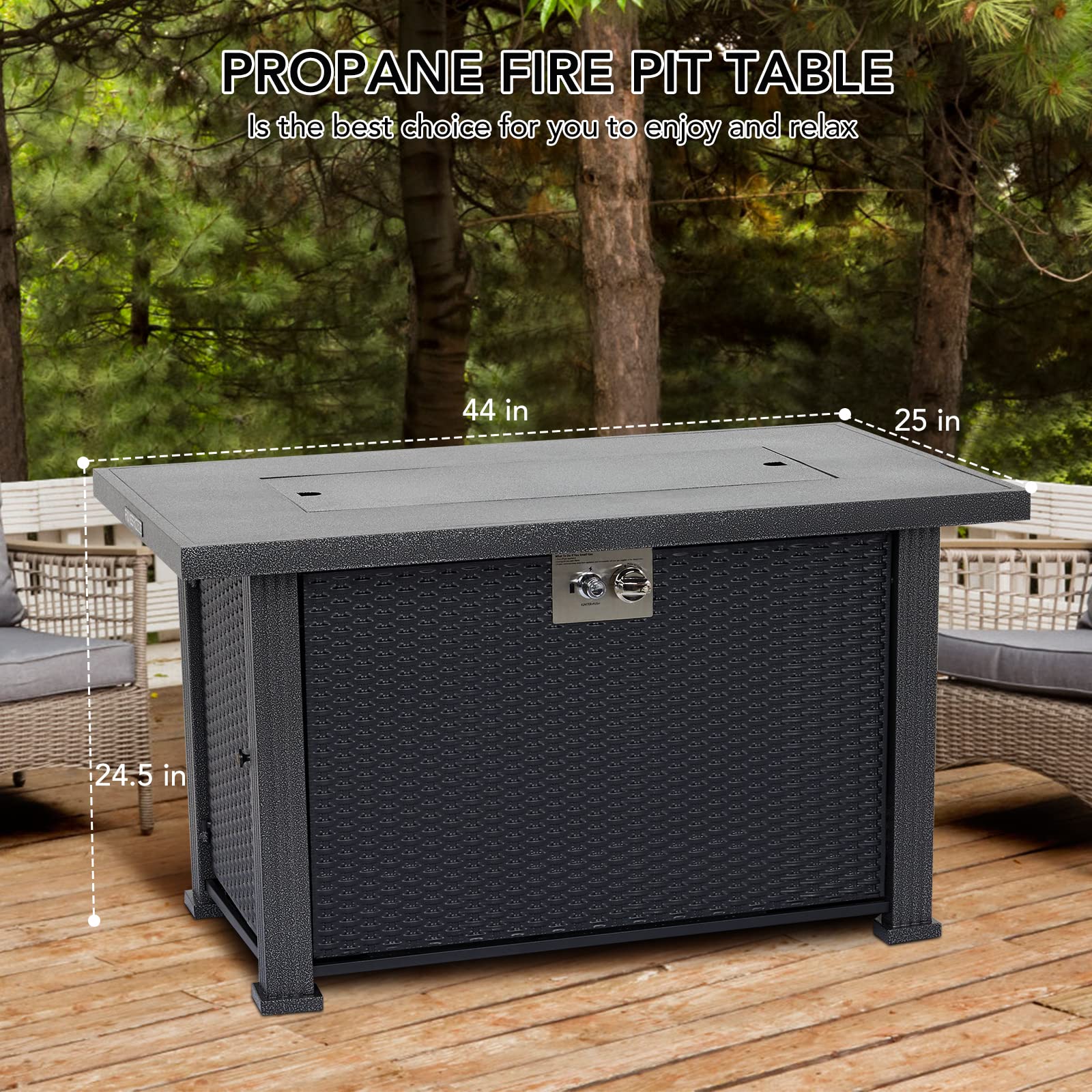 44 Inch Propane Fire Pit Table, 50000BTU Rectangle Fire Table with Cover & Rain Cover, Sturdy Steel and Iron Fence Surface, CSA Safety Certified, Companion for Your Garden - CookCave