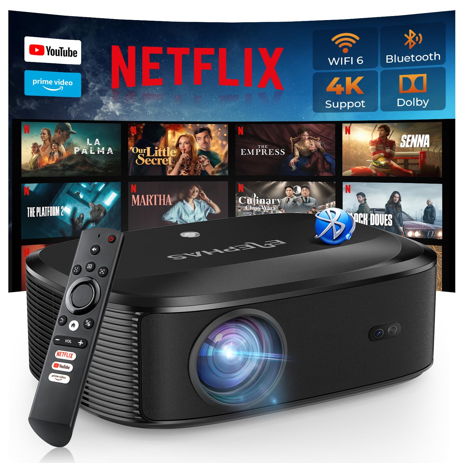 4K Projector with Wifi and Bluetooth, ELEPHAS Outdoor Movie Projector with NETFLIX/Prime Video/YouTube Built-in, 100,000+ Apps Supported, Video Projector Compatible with HDMI/USB/iOS/Android/Windows - CookCave