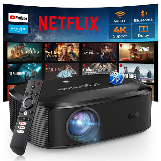 4K Projector with Wifi and Bluetooth, ELEPHAS Outdoor Movie Projector with NETFLIX/Prime Video/YouTube Built-in, 100,000+ Apps Supported, Video Projector Compatible with HDMI/USB/iOS/Android/Windows - CookCave