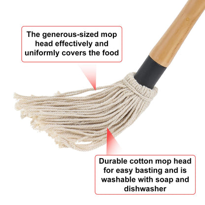 4Pcs BBQ Mop Brush Grilling Basting Mop Wooden Long Handle BBQ Mop Set with 12Pcs Replacement Heads for Basting Steak Marinade Sauce(18.3inch) - CookCave