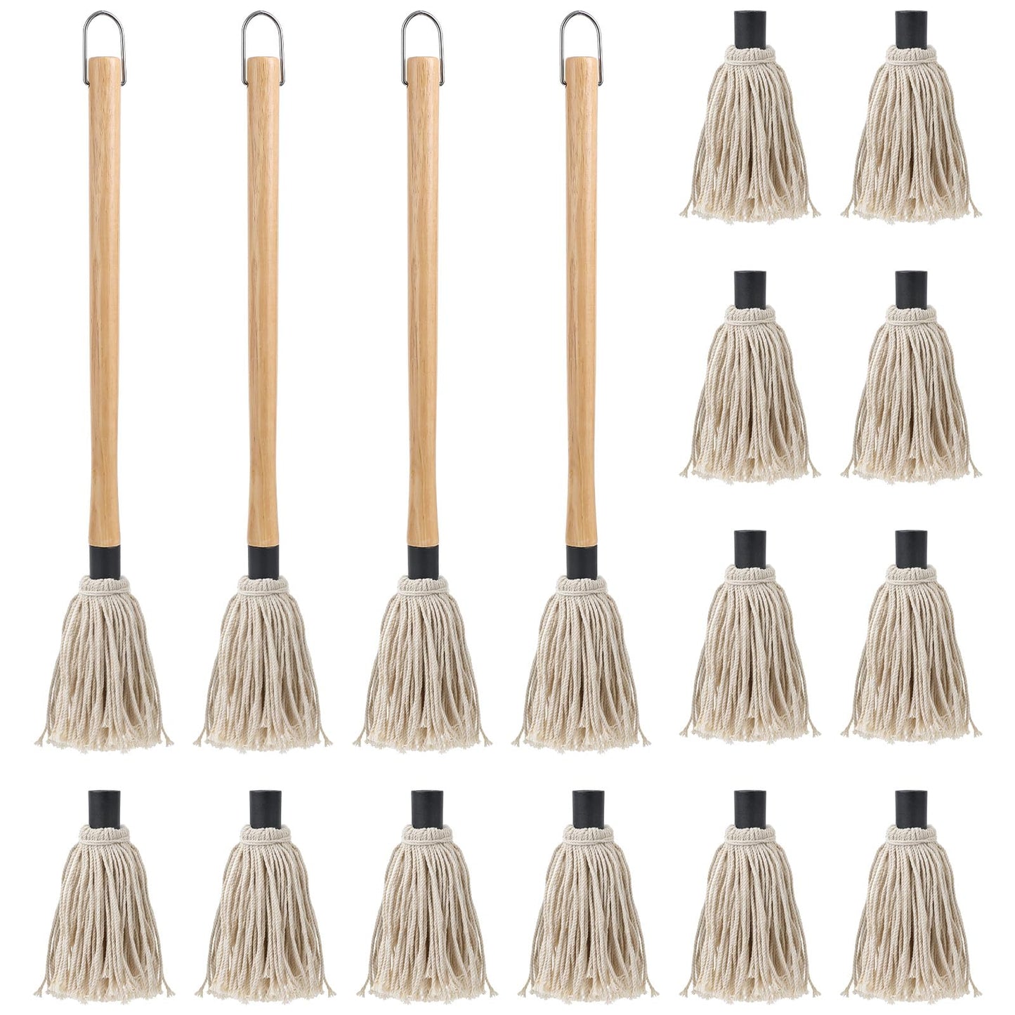 4Pcs BBQ Mop Brush Grilling Basting Mop Wooden Long Handle BBQ Mop Set with 12Pcs Replacement Heads for Basting Steak Marinade Sauce(18.3inch) - CookCave