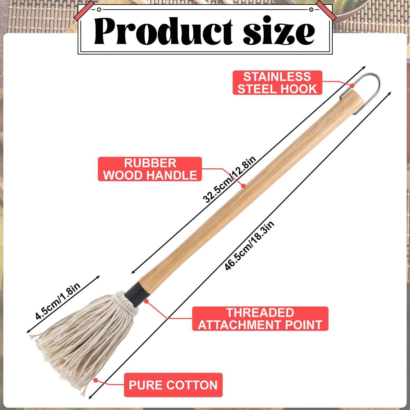 4Pcs BBQ Mop Brush Grilling Basting Mop Wooden Long Handle BBQ Mop Set with 12Pcs Replacement Heads for Basting Steak Marinade Sauce(18.3inch) - CookCave