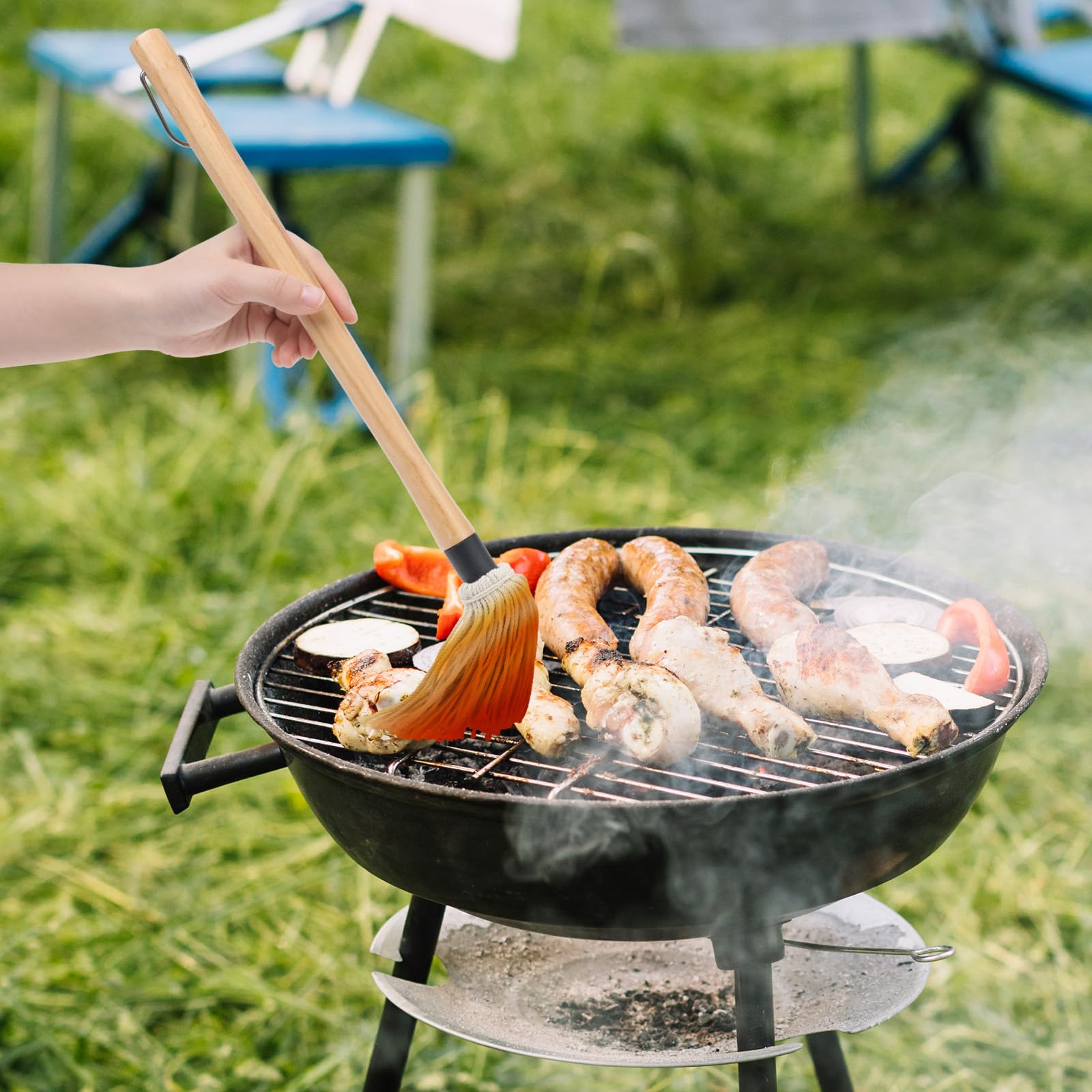 4Pcs BBQ Mop Brush Grilling Basting Mop Wooden Long Handle BBQ Mop Set with 12Pcs Replacement Heads for Basting Steak Marinade Sauce(18.3inch) - CookCave