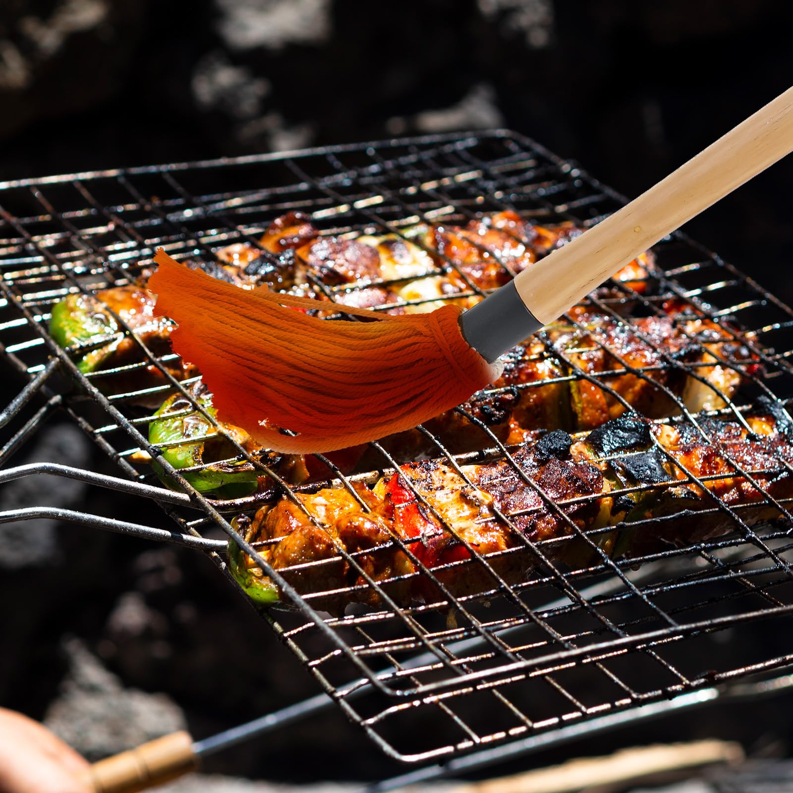 4Pcs BBQ Mop Brush Grilling Basting Mop Wooden Long Handle BBQ Mop Set with 12Pcs Replacement Heads for Basting Steak Marinade Sauce(18.3inch) - CookCave