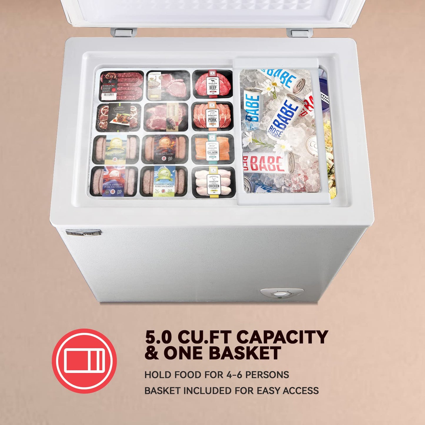 5.0 Cu.Ft Chest Freezer WANAI Deep Freezers Large Storage 7 Temperature Control Low Noise with Removable Basket for Dorm Apartment Home Kitchen - CookCave