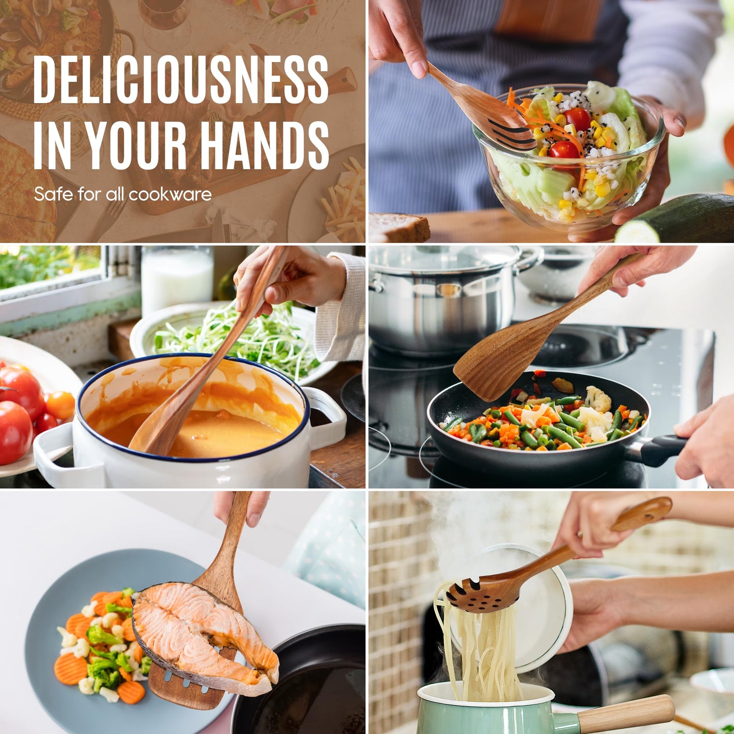 5 PCS Wooden Spoons for Cooking Natural Teak Kitchen Utensils Smooth Non-Stick Surface Cooking Utensils Set Soft Comfort-Grip Wooden Utensils for Cooking - CookCave