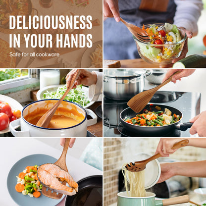 5 PCS Wooden Spoons for Cooking Natural Teak Kitchen Utensils Smooth Non-Stick Surface Cooking Utensils Set Soft Comfort-Grip Wooden Utensils for Cooking - CookCave