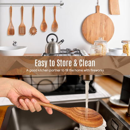 5 PCS Wooden Spoons for Cooking Natural Teak Kitchen Utensils Smooth Non-Stick Surface Cooking Utensils Set Soft Comfort-Grip Wooden Utensils for Cooking - CookCave