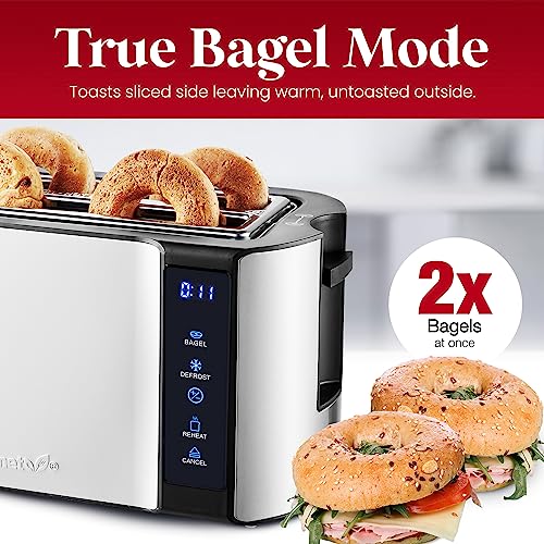 Elite Gourmet ECT5322 Long Slot 4 Slice Toaster, Countdown Timer, Bagel Function 6 Toast Setting, Defrost, Cancel Function, Built-in Warming Rack, Extra Wide Slots for Bagels Waffles, Stainless Steel