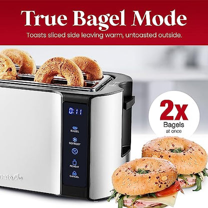 Elite Gourmet ECT5322 Long Slot 4 Slice Toaster, Countdown Timer, Bagel Function 6 Toast Setting, Defrost, Cancel Function, Built-in Warming Rack, Extra Wide Slots for Bagels Waffles, Stainless Steel