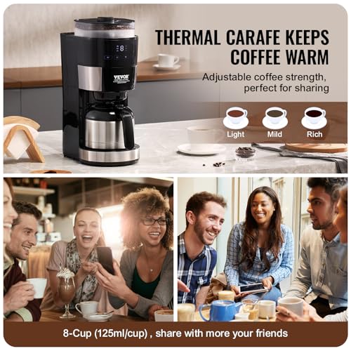 VEVOR Coffee Maker with Grinder, 8 Cup Programmable Coffee Machine, Grind and Brew Coffee Maker with 3 Brew Strength Control, Reusable Filter, Removable Water Tank, for Home Office Restaurant