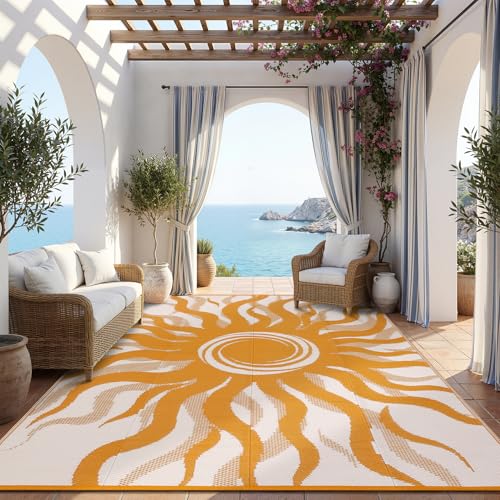 Garvee Outdoor Rug 5x8 Waterproof Patio Rugs with Boho Sun Pattern, Reversible Plastic Straw Camping Rugs Outdoor Indoor RV Mat Carpet for Deck, Backyard, Picnic, Porch, Balcony, Beach, Orange