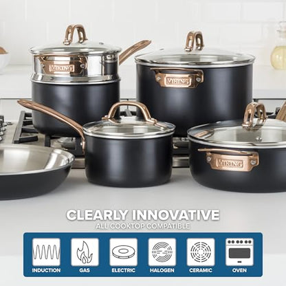 Viking 3 Ply Pots and Pans Set, 11 Piece Stainless Steel Kitchen Cookware with Glass Lids, Black with Copper