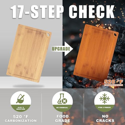 3-Piece Organic Bamboo Cutting Board Set for Kitchen - Carbonized Extra Sturdy Chopping Boards with Juice Grooves - Knife-Friendly Multi-Size (15", 12", 9") for Meat & Veggies - Housewarming Gift Box