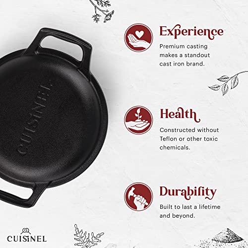 Cuisinel Cast Iron Dutch Oven - 3-Quart Deep Pot - Pre-Seasoned 2-in-1 Multi-Cooker - Combo Lid Doubles as 8"-inch Skillet + Silicone Handle Covers + Scraper - Use for Baking Bread. PFAS and PFOA-free