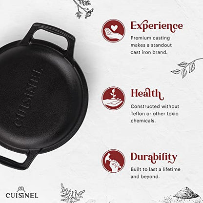 Cuisinel Cast Iron Dutch Oven - 3-Quart Deep Pot - Pre-Seasoned 2-in-1 Multi-Cooker - Combo Lid Doubles as 8"-inch Skillet + Silicone Handle Covers + Scraper - Use for Baking Bread. PFAS and PFOA-free