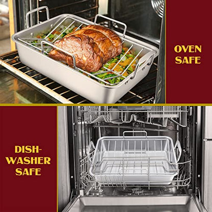 E-far 14 x 10.6 Inch Roasting Pan, Stainless Steel Turkey Roaster with V Rack & Baking Rack Set, Small Heavy Duty Deep Broiling Pan for Oven Cooking Lasagna Meat Chicken - Dishwasher Safe