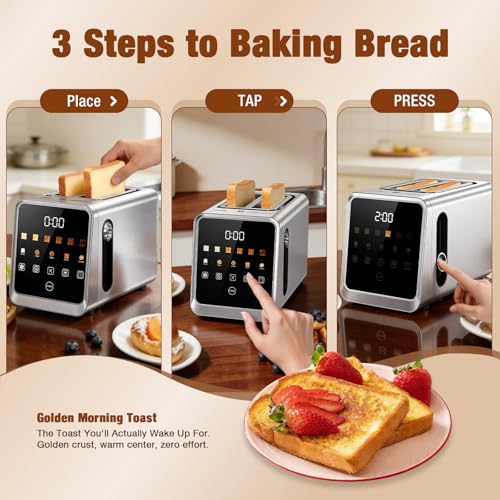 Smart Toaster 2 Slice, Touch Screen Stainless Steel Toaster Wide Slots