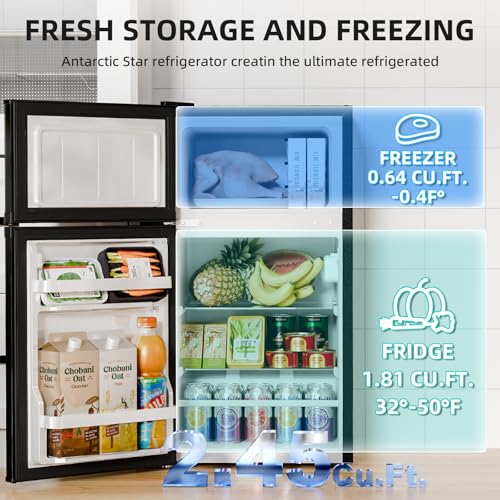Antarctic Star Mini Fridge with Freezer, Double Door Compact Refrigerator, Adjustable Thermostat, Small Fridge for Bedroom Office Dorm Apartment,2.45 Cu.Ft,Black